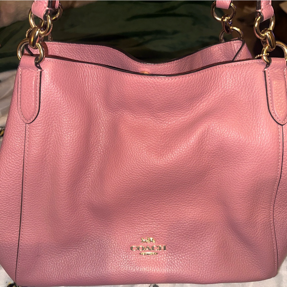 Coach Rose Leather Shoulder Bag with Gold Chain and Dark Brown inside